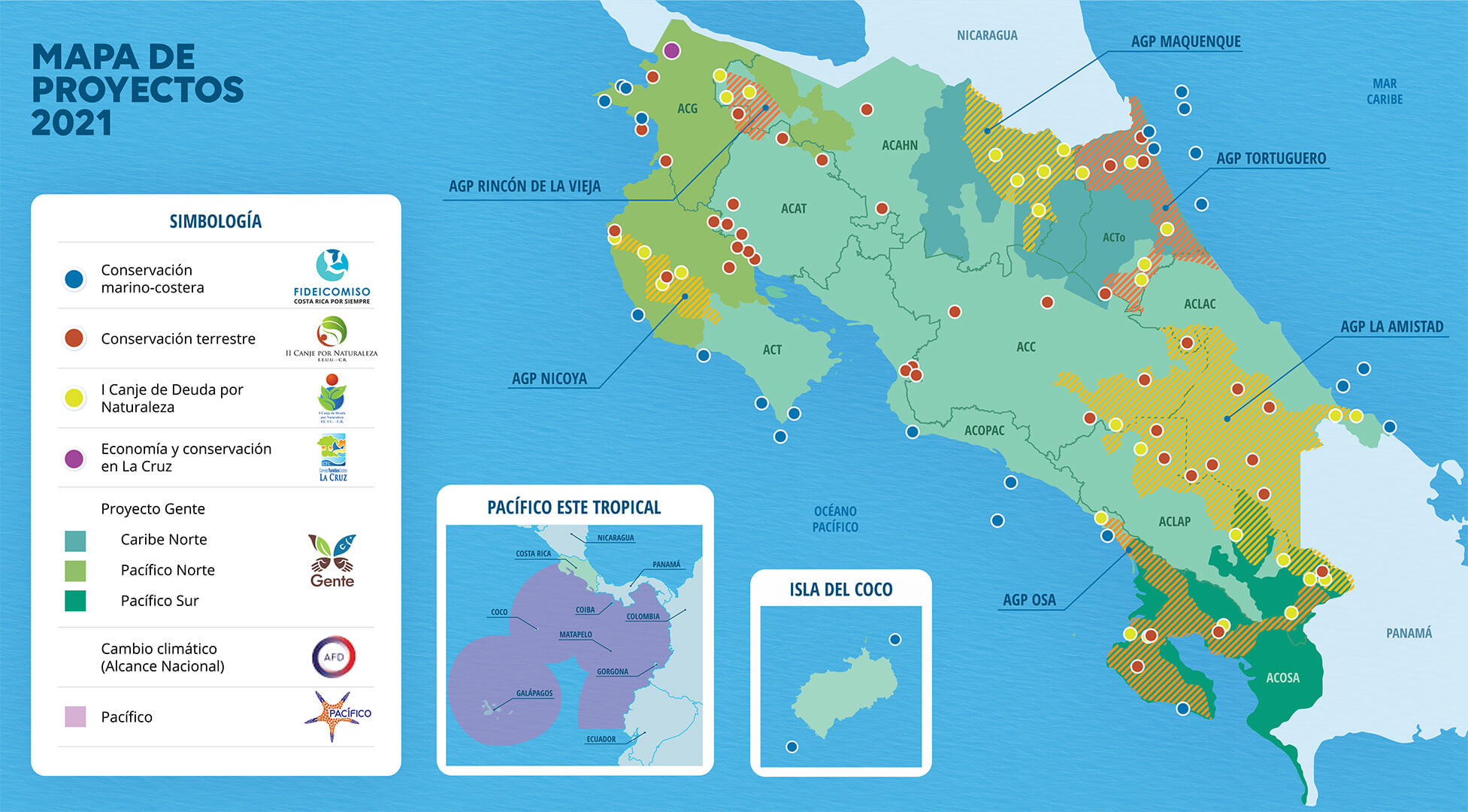 Mapa con puntos que indican los proyectos en Costa Rica